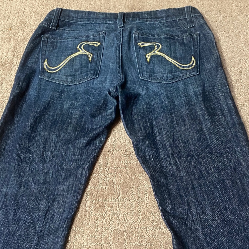 Rock & Republic Dark Blue Straight Leg Jeans with Yellow Pocket Embroidery